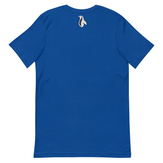 a blue t - shirt with a white bird on it