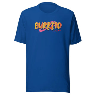a blue t - shirt with the word burrito printed on it