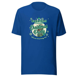 a blue t - shirt with a christmas party design
