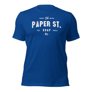 a blue paper st soap t - shirt on a white background