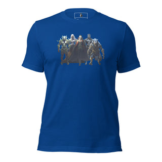 Blue unisex T-shirt displaying Monster Squad monsters, crafted from cotton, crew neck, short sleeves, casual style.