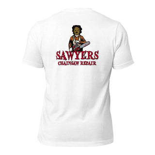 Sawyers Chainsaw Repair  Unisex t-shirt (BACK)