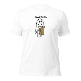 a white t - shirt with a picture of a dog holding a piece of bread