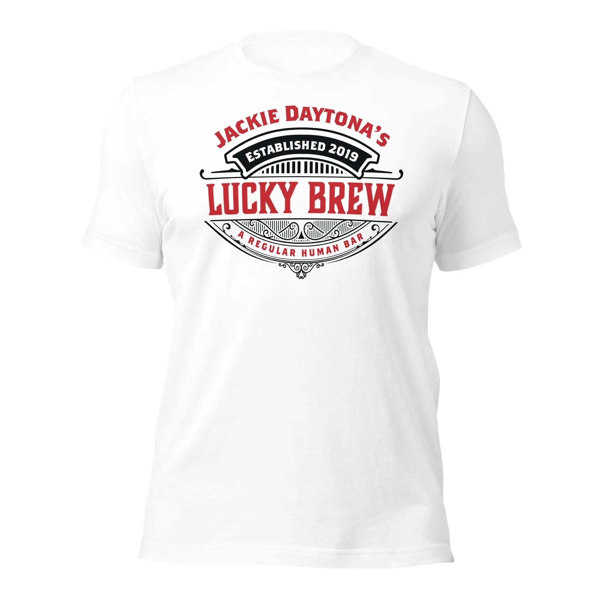 a black t - shirt with a lucky brew on it