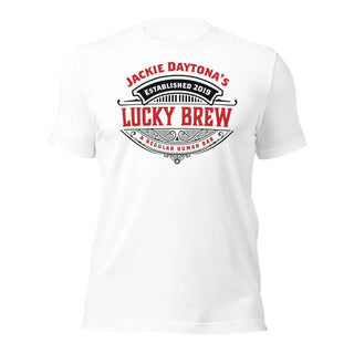 a white t - shirt with the words lucky brew on it