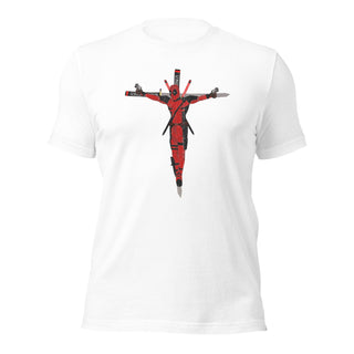 a white t - shirt with a red cross on it
