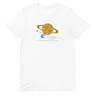a white t - shirt with an image of the planets and the sun