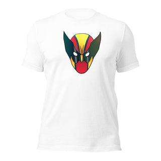 a white t - shirt with a red, yellow, and green devil face