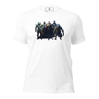 White unisex T-shirt displaying a graphic of horror monsters such as Frankenstein, Dracula, and wolfman, casual clothing