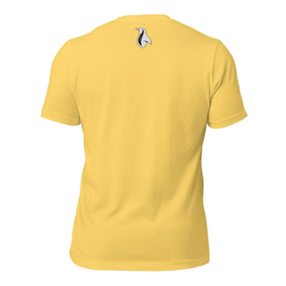 the back of a yellow shirt with a penguin on it