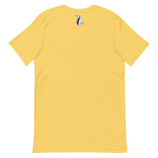 a yellow t - shirt with a black and white bird on it