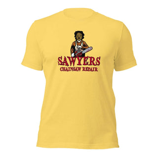 a yellow t - shirt with a picture of a man holding a frisbee