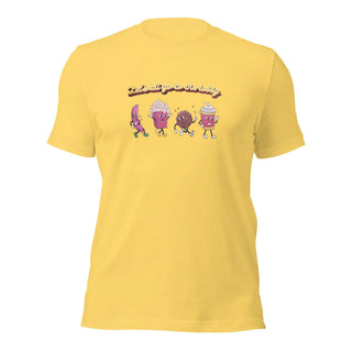 a yellow t - shirt with three cartoon characters on it