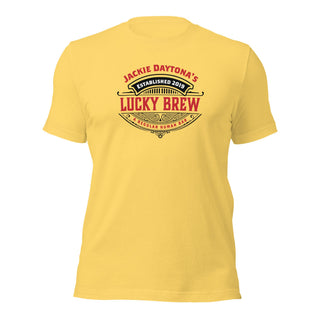 a yellow t - shirt with the words lucky brew on it