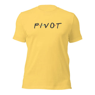 a yellow t - shirt with the word pivot printed on it