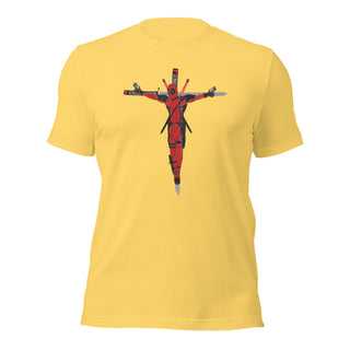 a yellow t - shirt with a picture of jesus on it
