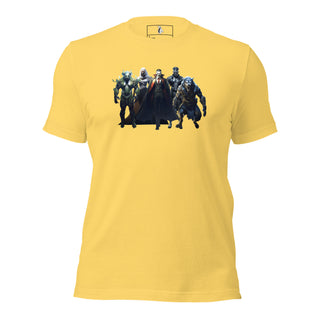 Yellow unisex T-shirt featuring a graphic print of various horror monsters including Frankenstein, Dracula, and werewolf, casual wear