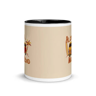 a white and black coffee mug with a picture of a surfboard