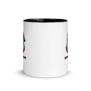 a white coffee mug with a black rim