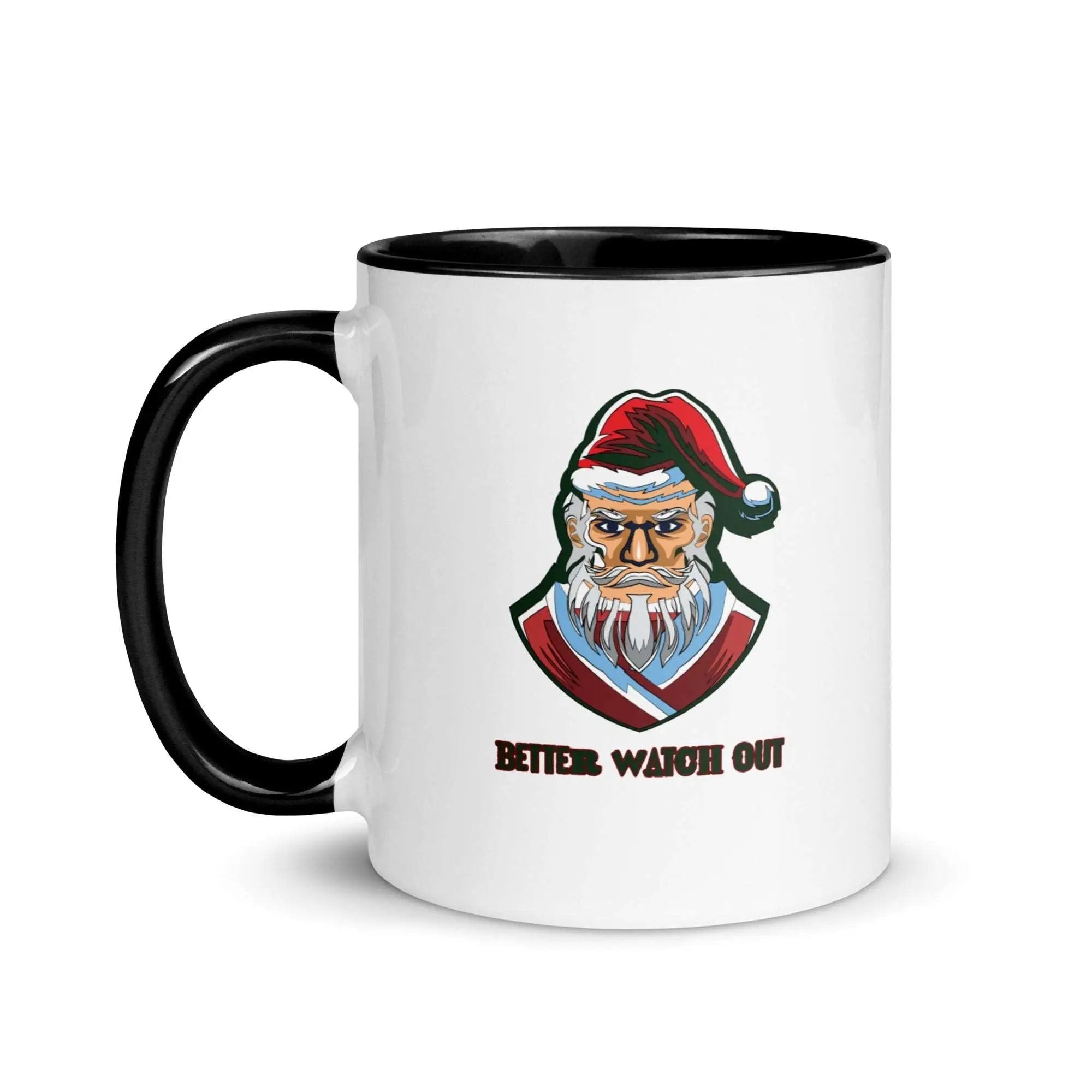 a black and white coffee mug with a santa clause on it