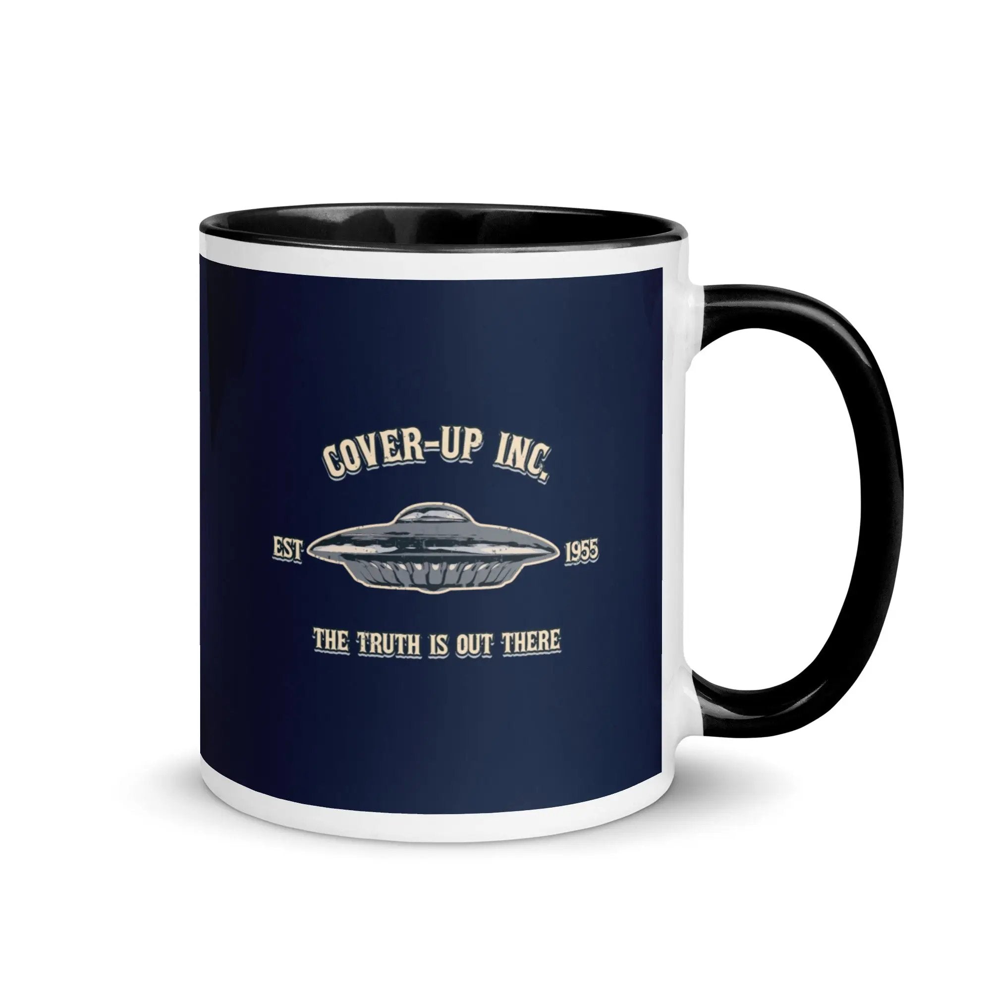 a black and white coffee mug with the words cover - up inc on it