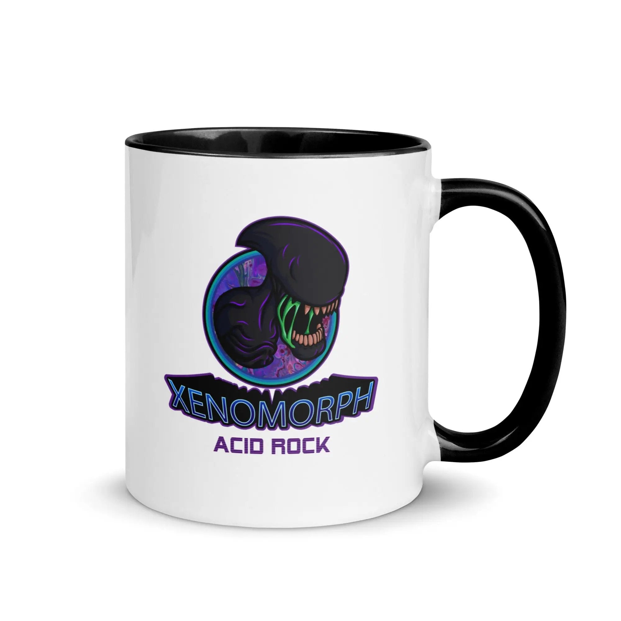 a black and white coffee mug with the words xenomorph acid rock