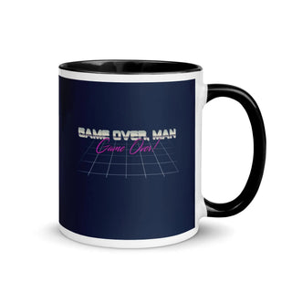 a black and white coffee mug with the words game over man on it