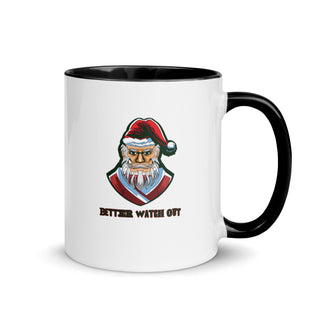 a black and white coffee mug with a santa clause on it