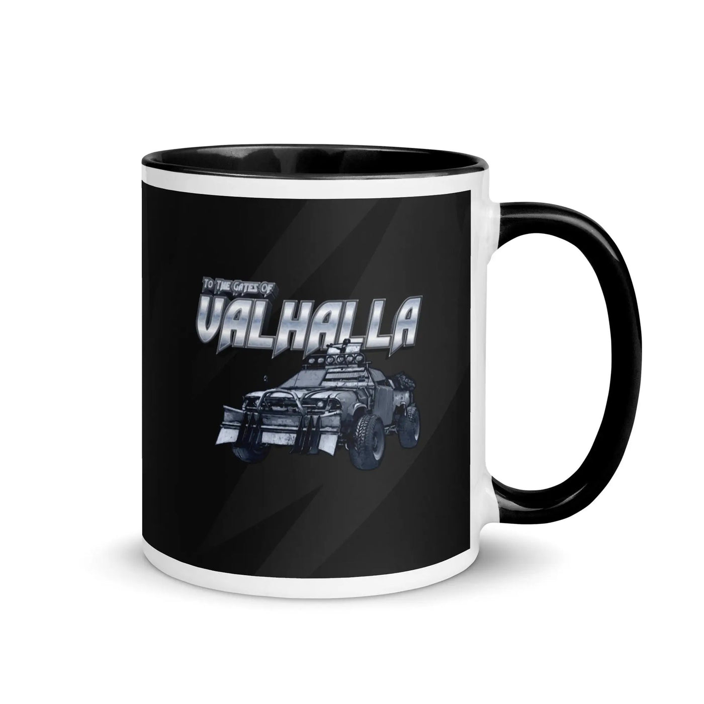 a black and white coffee mug with a picture of a car