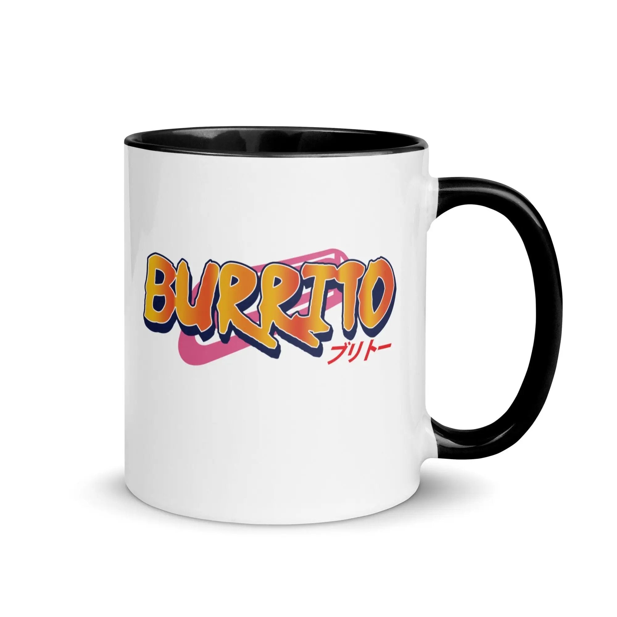 a black and white coffee mug with the word burrito on it