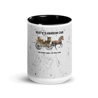 a black and white coffee mug with a horse drawn carriage