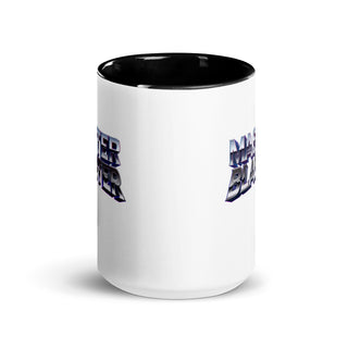 a white and black coffee mug with blue letters