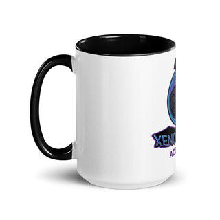 a white and black coffee mug with a black rim