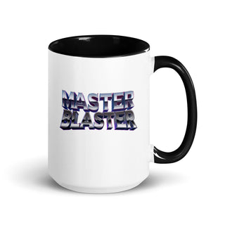 a black and white coffee mug with the words master blaster on it