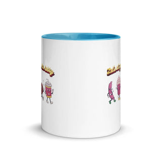 a white and blue coffee mug with cartoon characters on it