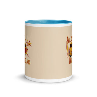 a white and blue coffee mug with a picture of a surfboard