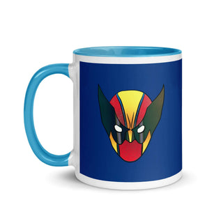 a blue and white mug with a cartoon character on it