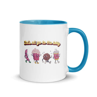 a blue and white coffee mug with a cartoon character on it