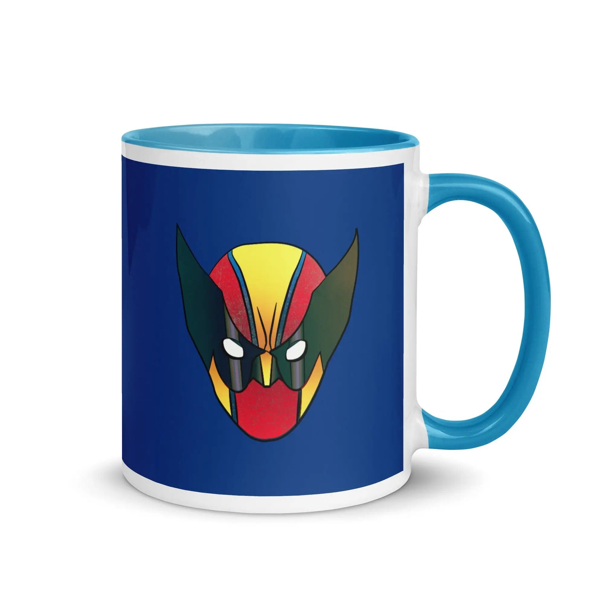 a blue and white mug with a wolverine face on it