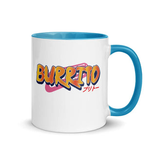 a white and blue coffee mug with the word burrito on it