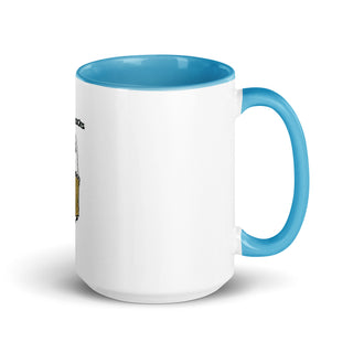 a white and blue coffee mug with a blue handle