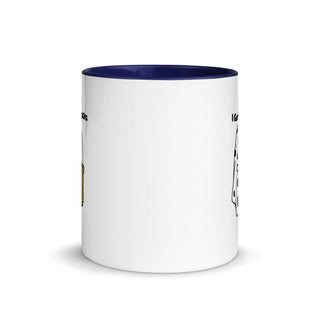 a white and blue coffee mug with words on it