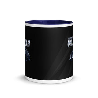 a black and white mug with a blue rim
