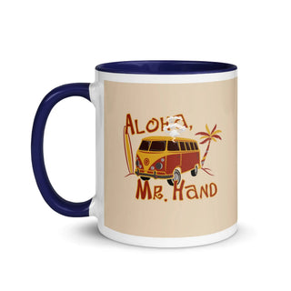 a coffee mug with the words aloha, mr hand on it