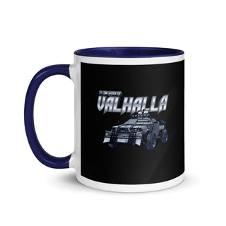 a blue and white coffee mug with a picture of a vehicle