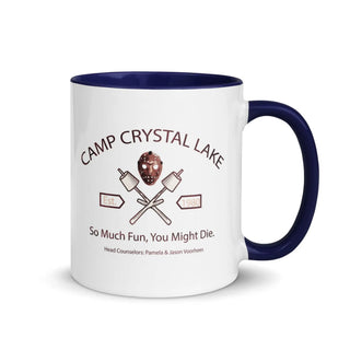a coffee mug with a camp crystal lake logo on it