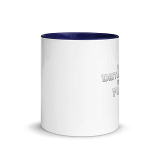 a white and blue coffee mug with the words data fit on it