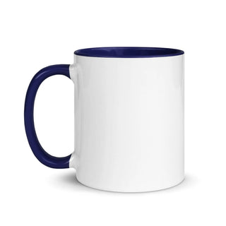 a white and blue coffee mug on a white background