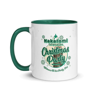 a white and green coffee mug with a christmas party on it