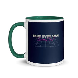 a green and white coffee mug with the words calm over man on it